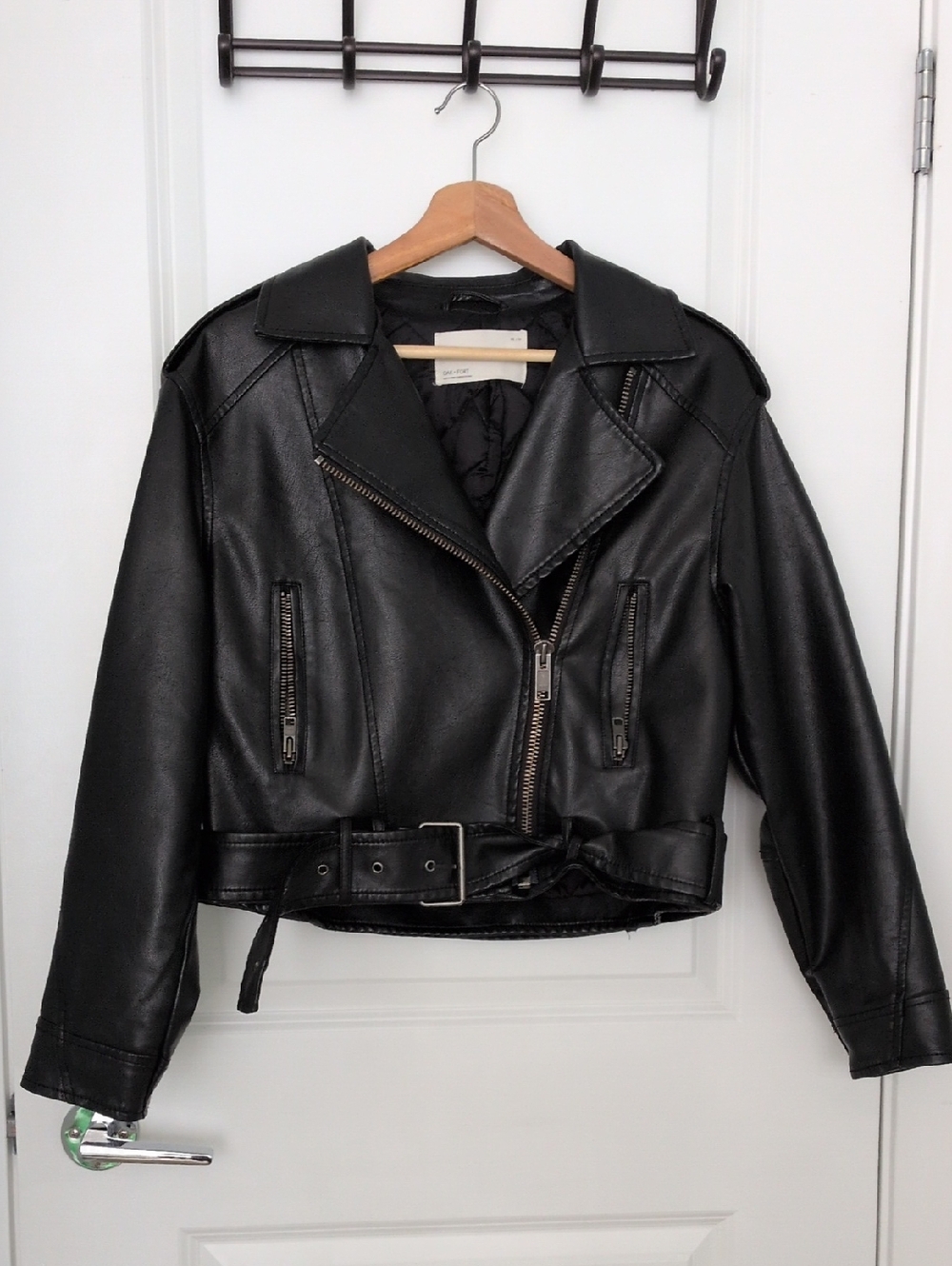 OAK + FORT Black Faux Leather Biker Jacket with Belted Waist